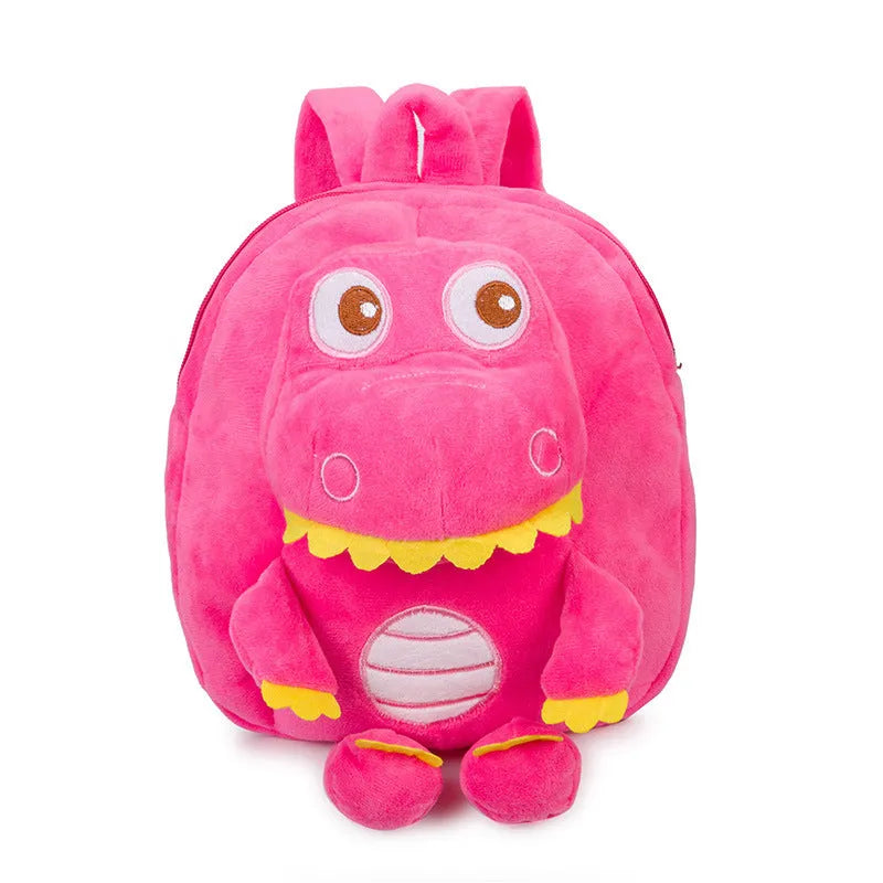Blue dinosaur plush backpack for children with embroidered character and soft handle
