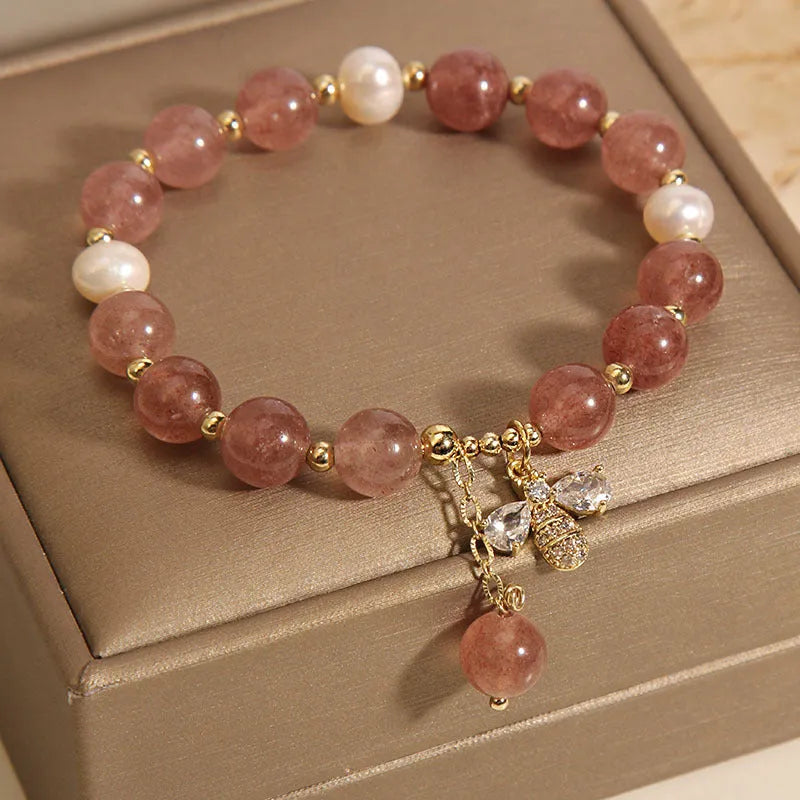 Women's strawberry quartz and freshwater pearl bracelet with zircon details and alloy clasp