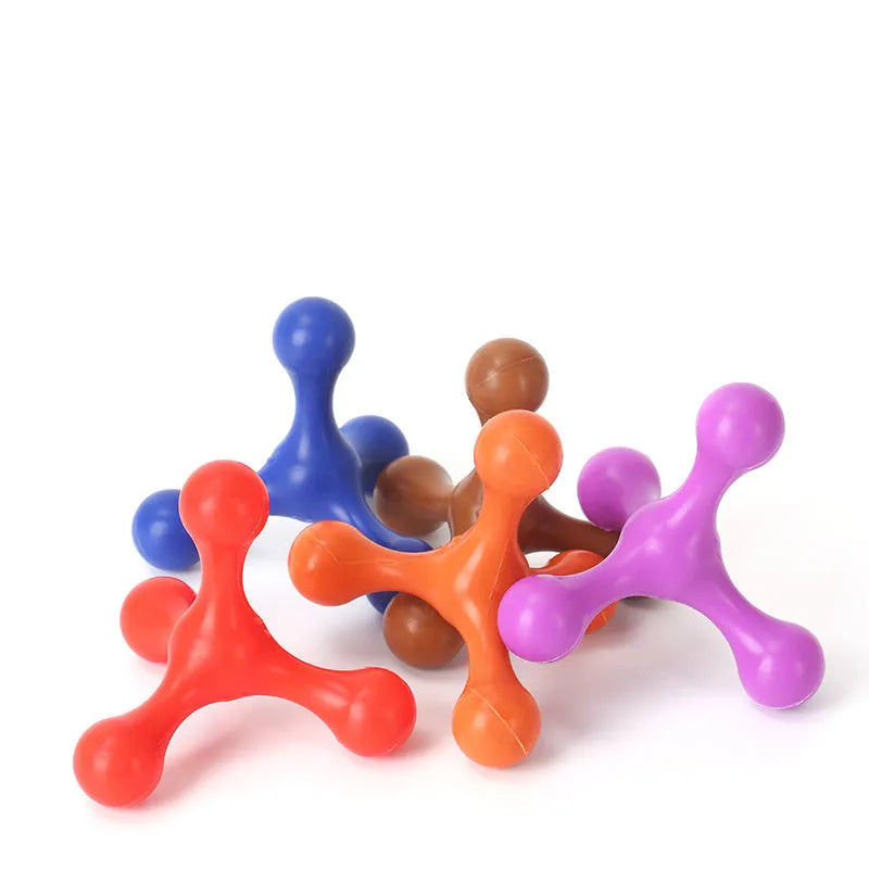 Blue silicone three-leg chew toy for small to medium dogs on white background