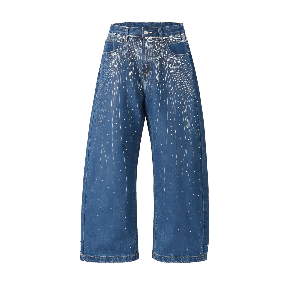 Blue loose-fitting wide-leg cotton trousers laid flat, showing the high street casual style.