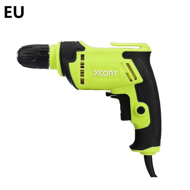 Pistol-grip style 450W electric power drill with variable speed control on a workbench.