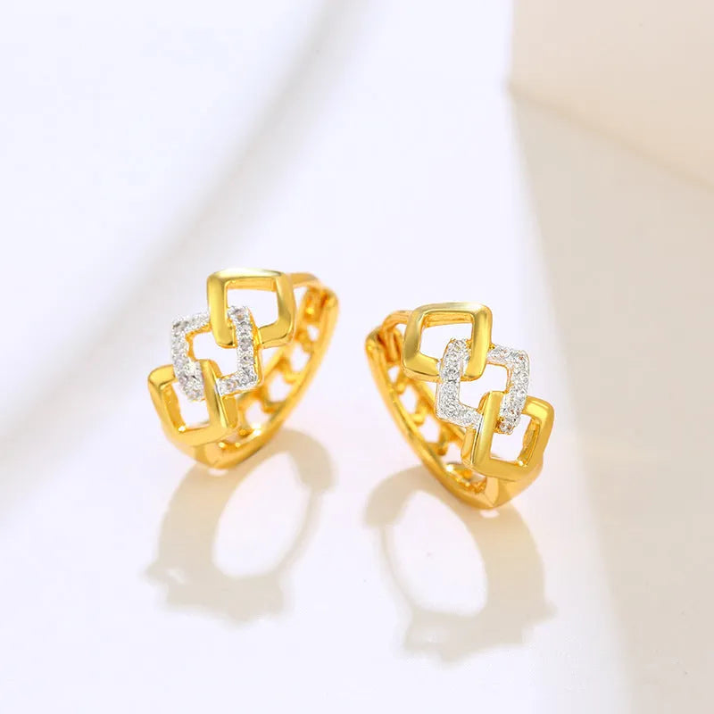 Gold geometric hollow out alloy earrings with colour separation ear clip design