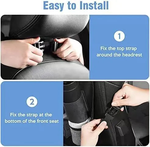 Black Oxford cloth buggy storage bag hanging from car seat back