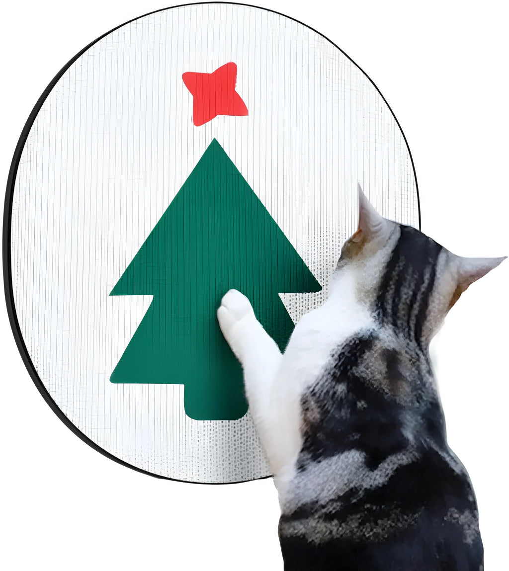 Wall-mounted vertical cat scratcher with corrugated cardboard surface and decorative cactus design