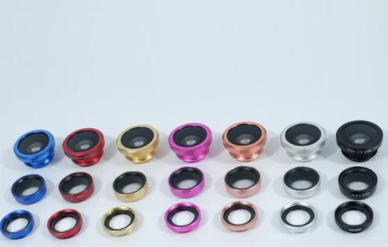 0.67x magnification mobile phone fisheye lens kit with 180-degree wide-angle and macro capability in multiple colour options