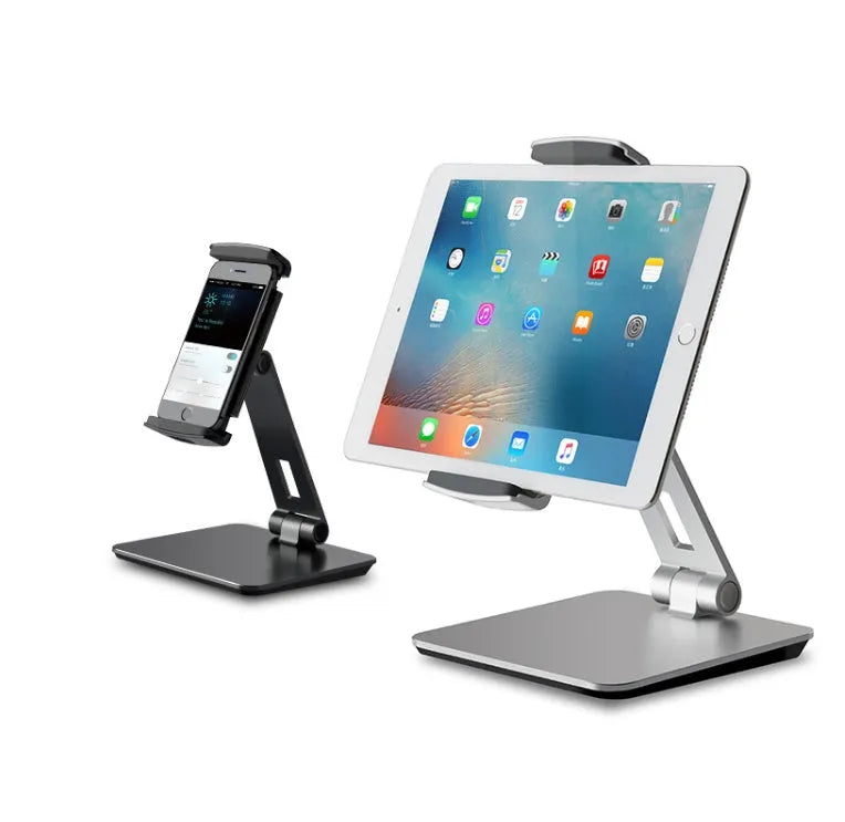 Foldable aluminium desktop phone and tablet holder in silver showing 360-degree rotation