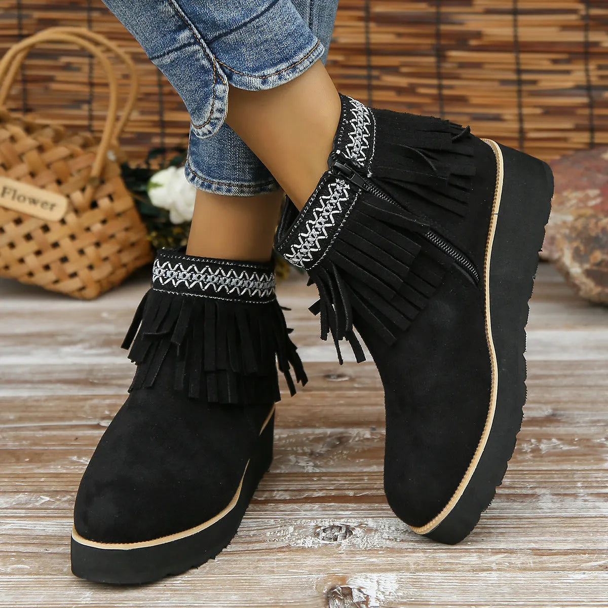 Women's dark brown suede wedge ankle boots with side zip and thick rubber sole
