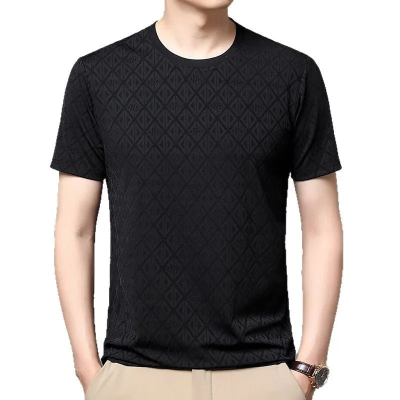 Man wearing a loose-fit solid colour ice silk short sleeve t-shirt with a round neck.