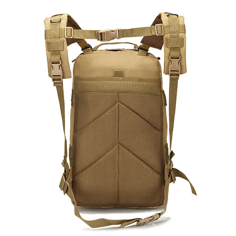 Tactical backpack 45L in camouflage or solid colours, waterproof Oxford cloth, double shoulder rucksack for hiking and camping.