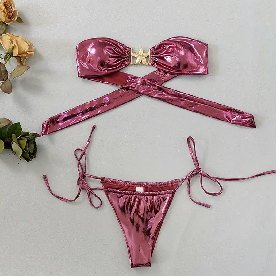 Women's glossy tube top bikini set with gold starfish design in sapphire blue