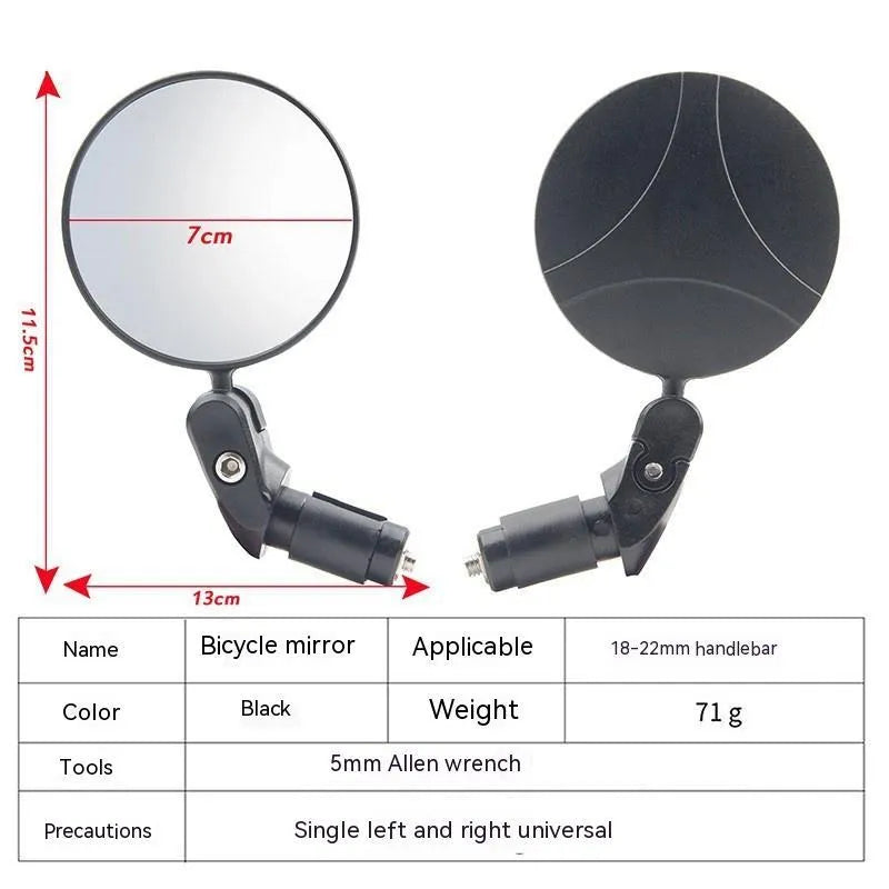 Black foldable convex rearview mirror for vehicles showing 7cm diameter and 14cm length