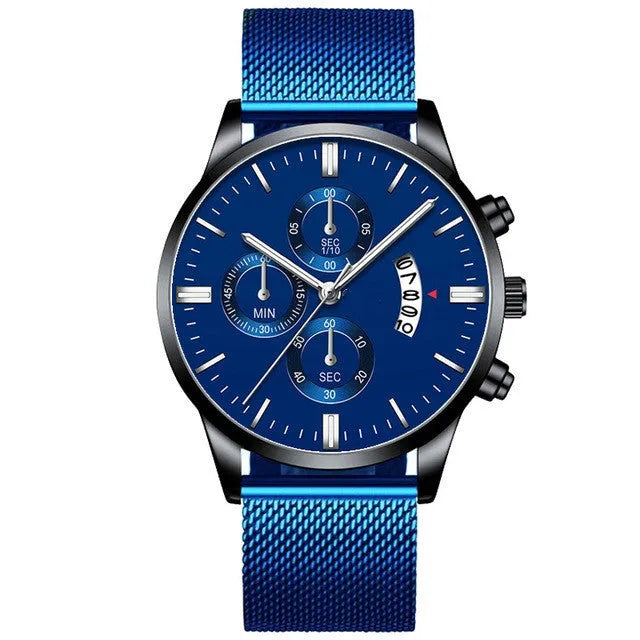 Men's stainless steel watch with mesh band and analog dial on wrist