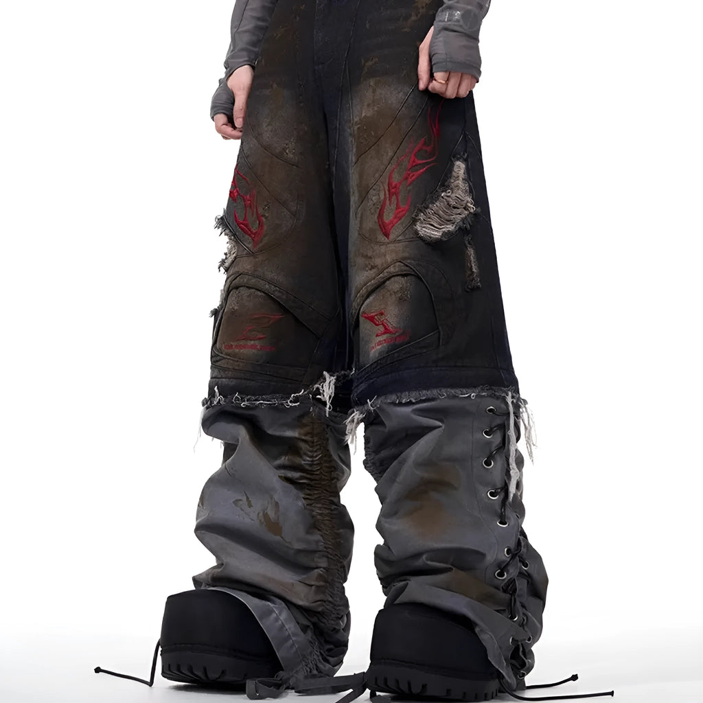 Men's light blue retro jeans with detachable trouser legs, showing wide-leg loose fit.