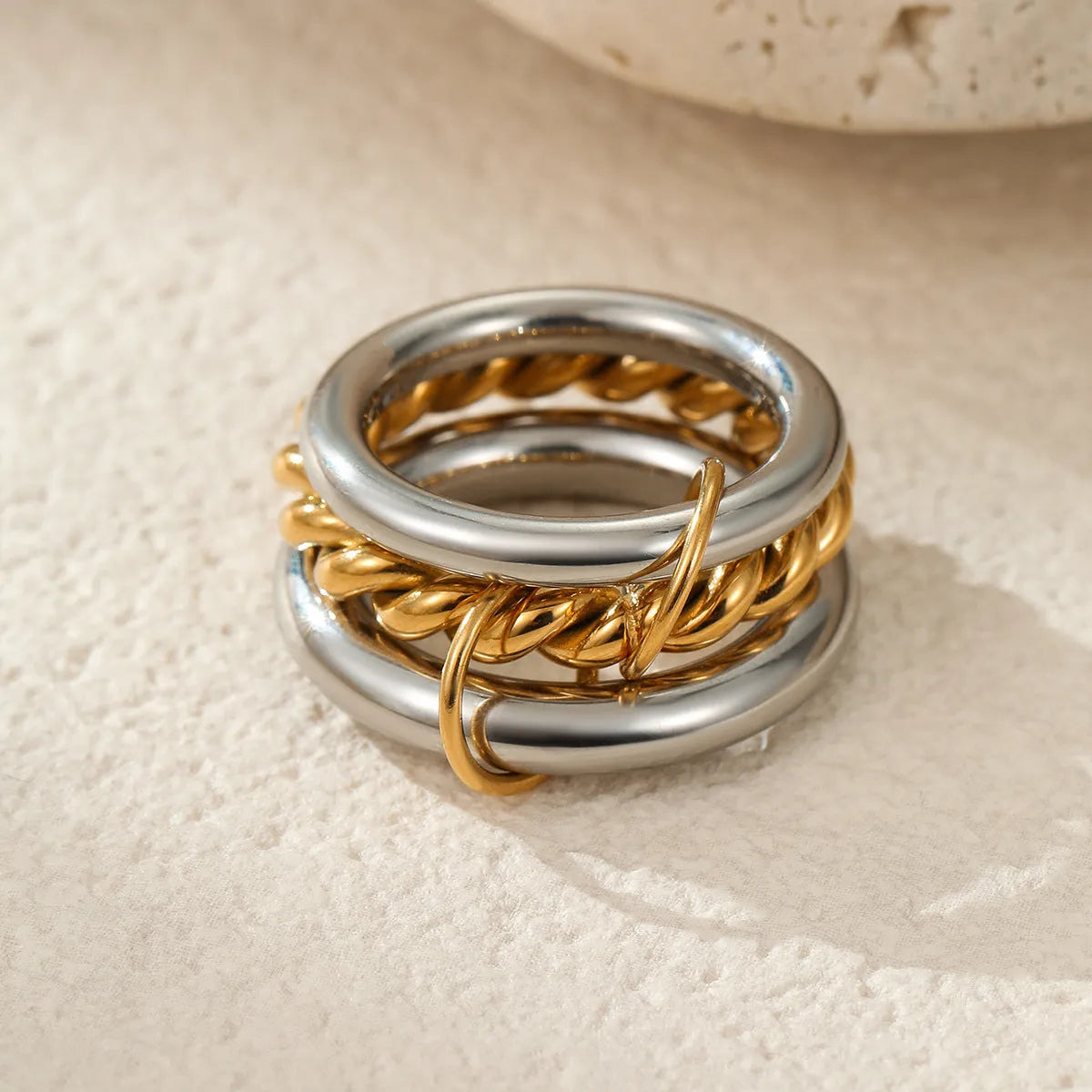 Stacked colour matching stainless steel ring set with 18K gold plating