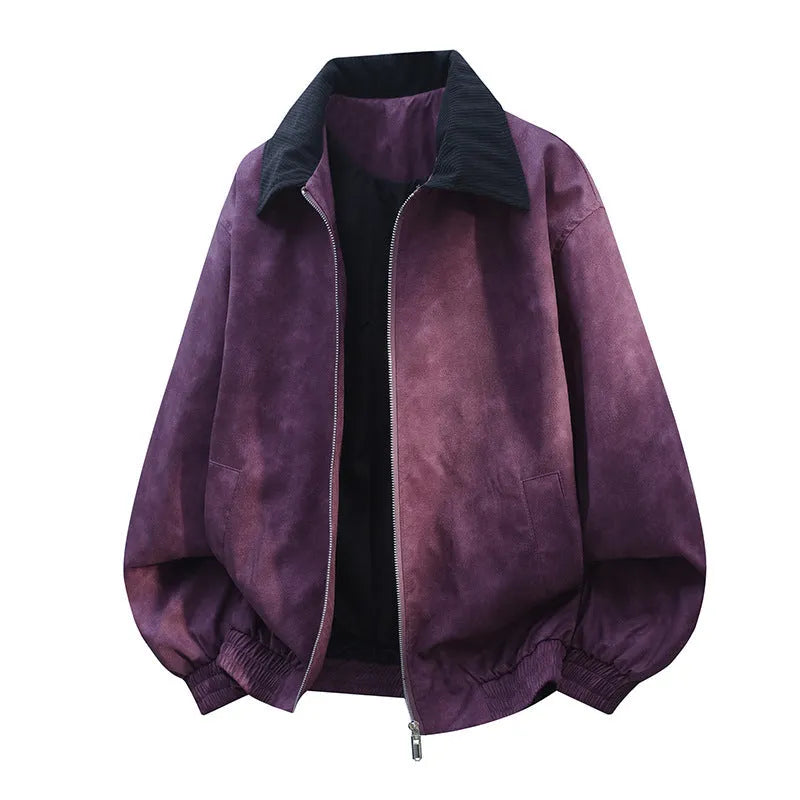 Men's stitching lapel casual jacket in Vinylon fabric showing straight hem design and side seam pockets