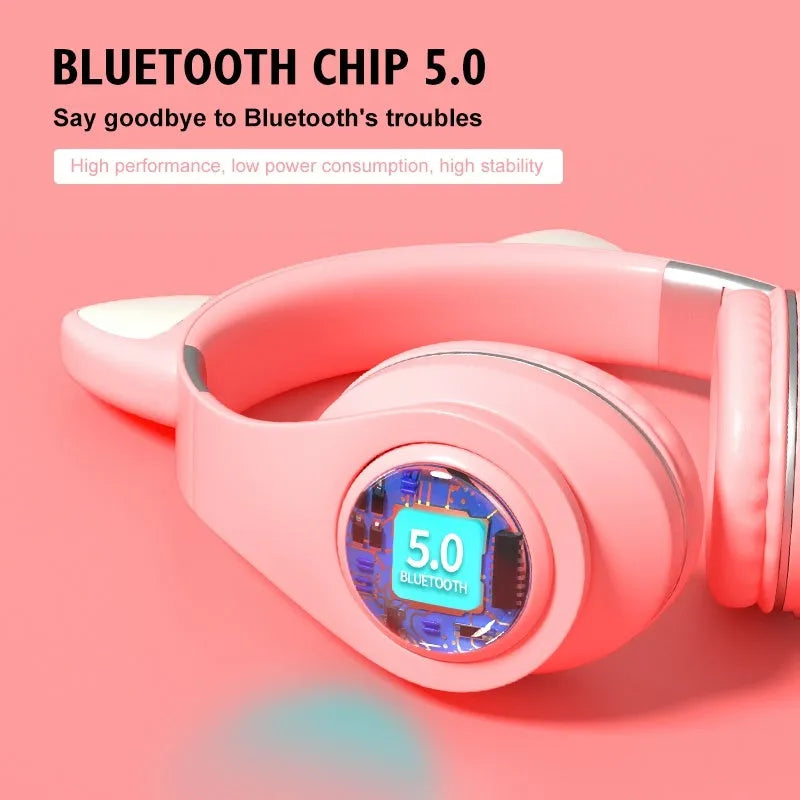 Cat ear style wireless Bluetooth sports headset in black, blue, green, pink, white, or yellow colour.
