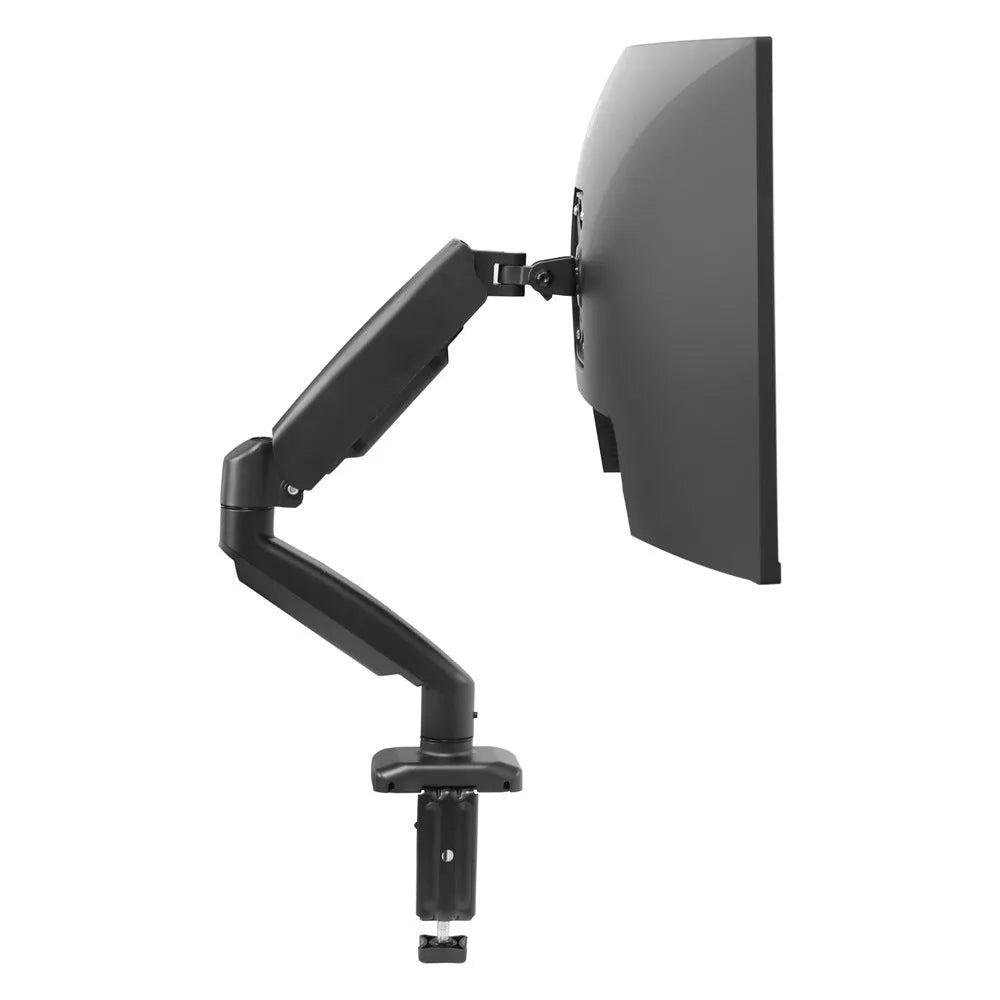 Black rotating telescopic LCD screen bracket showing height adjustment and rotation functions
