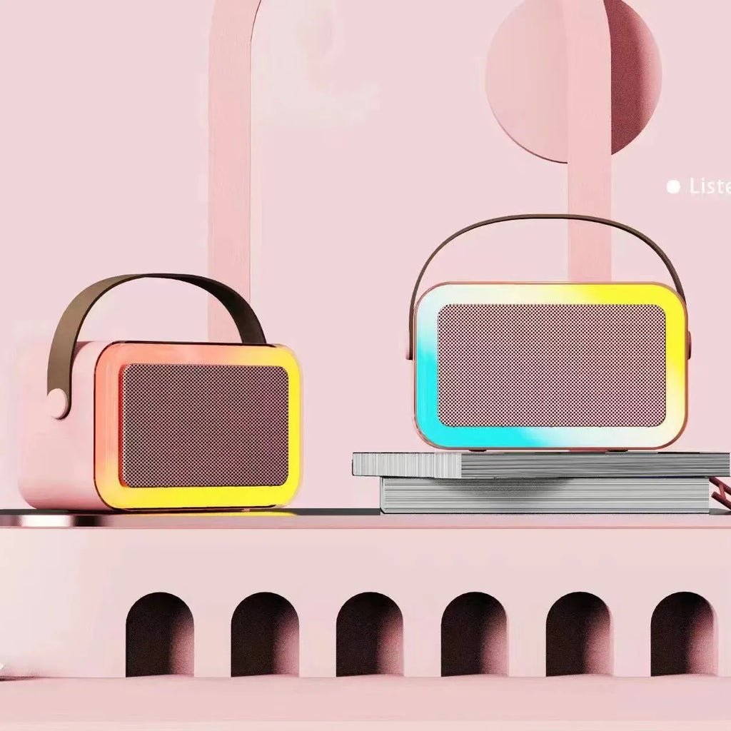 Portable Bluetooth karaoke speaker with microphone in pink, sky blue or white colours