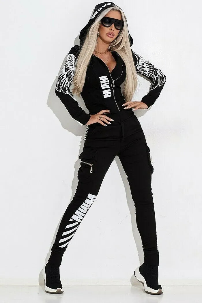 Black women's printing pattern hooded casual suit set with zipper and trousers