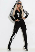 Black women's printing pattern hooded casual suit set with zipper and trousers