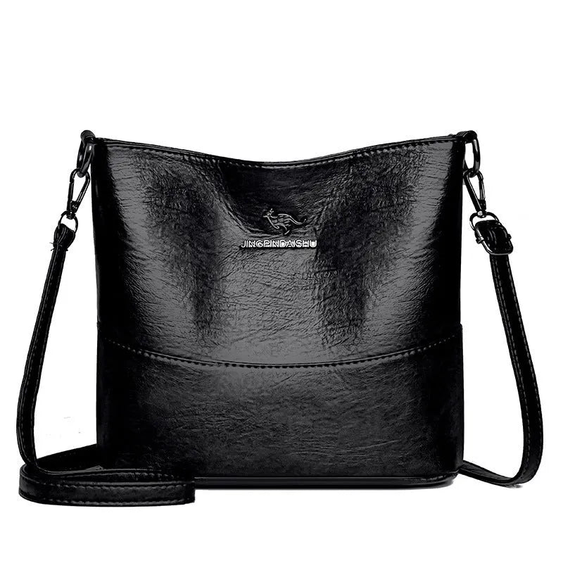 Women's soft leather shoulder bag in bucket shape with sewing line detailing and large capacity
