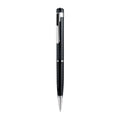 Black pen-shaped voice recorder showing dimensions with included headset and cable