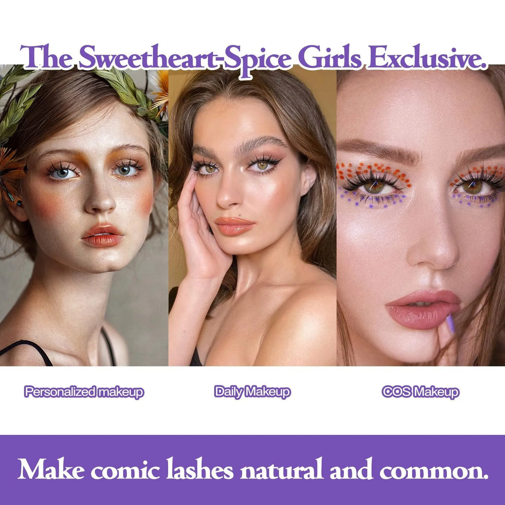5 pairs of natural wispy manga false eyelashes on a black background, showing styles 007, 008, and 009 with plastic black terrier.
