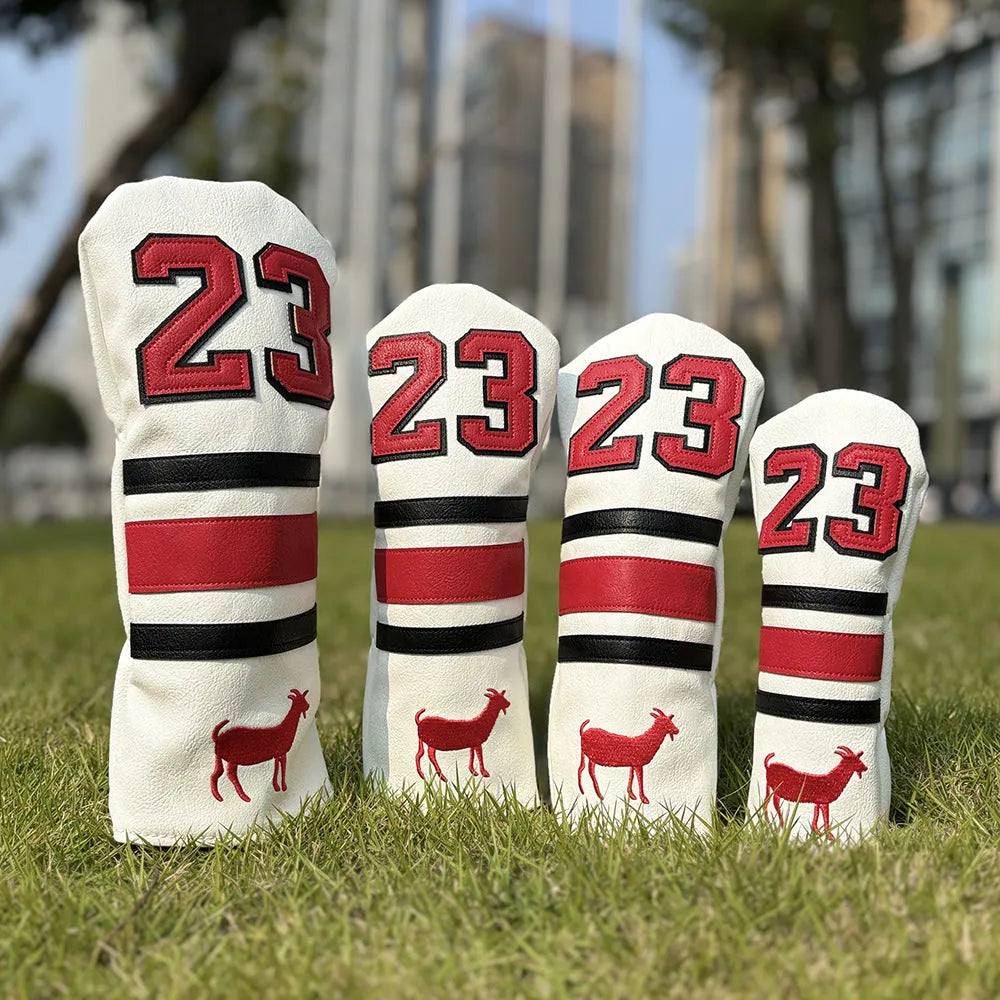 Set of four PU golf club sleeves in matching colour with different shapes for utility clubs, putters, and numbered irons