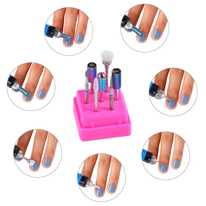 Tungsten steel nail drill polishing head set with six bits and a brush in a transparent case.