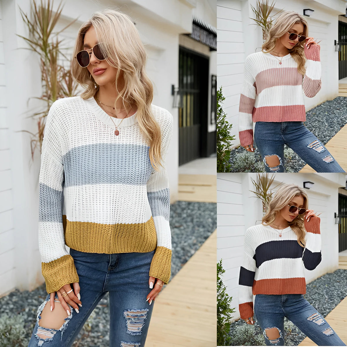 Women's short striped loose pullover in pink, dark blue or yellow on a hanger