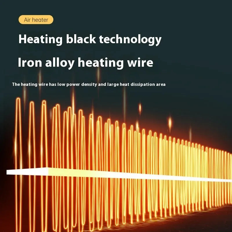 White compact electric heater for desktop use with power and fan controls.