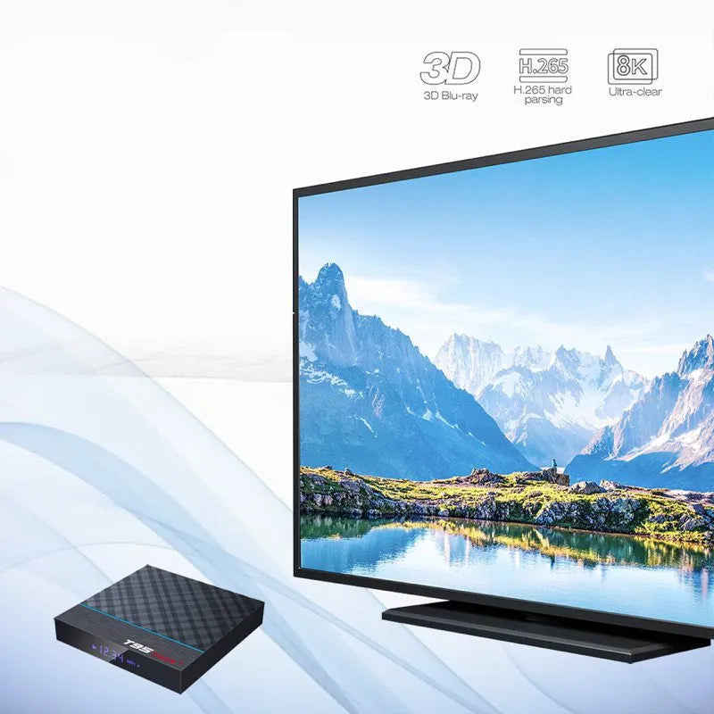 Black T95 Max Plus Android TV box with remote control, showing choice of UK, US, and EU plug options.