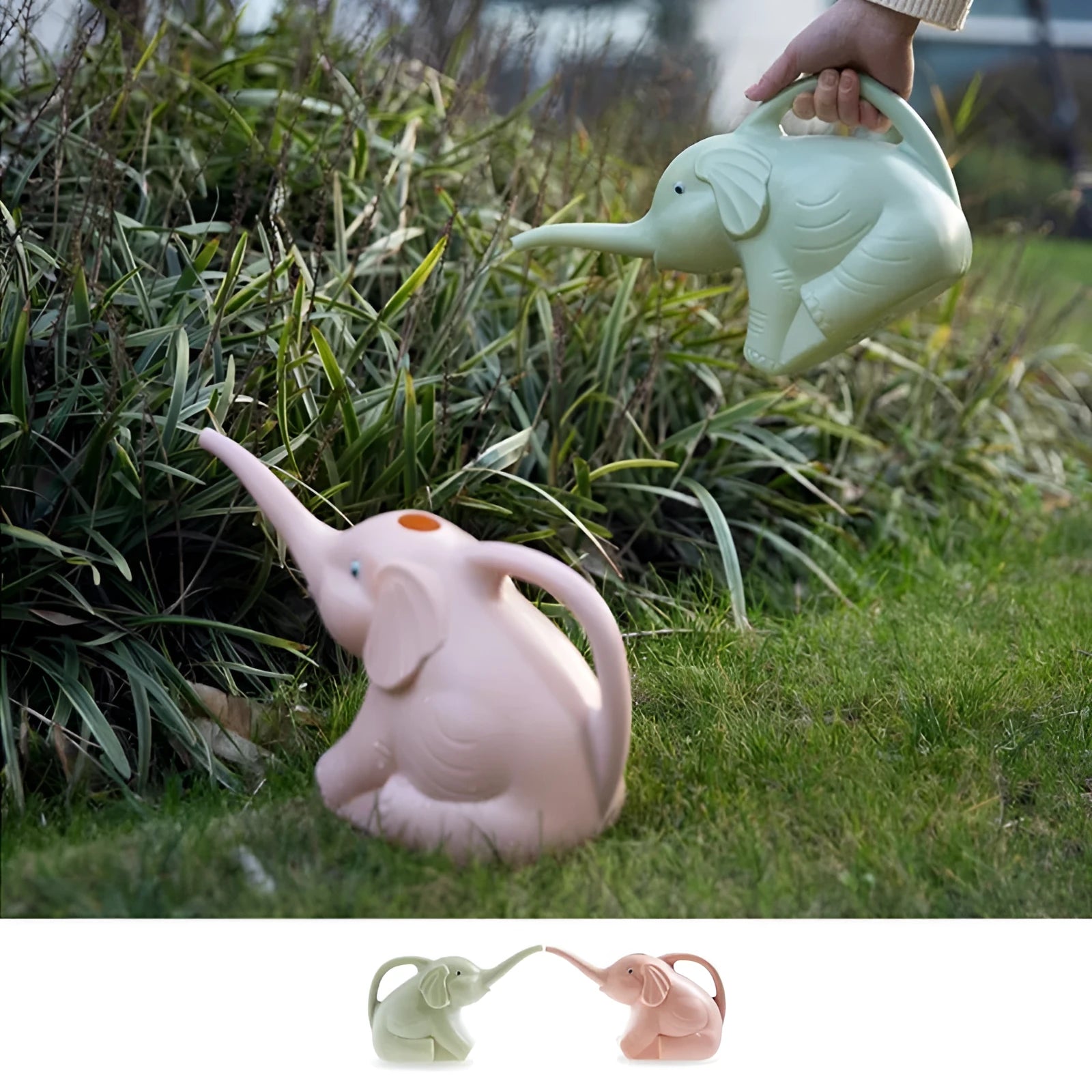 Blue plastic children's watering can shaped like a baby elephant with a long nozzle and bottle-style handle.