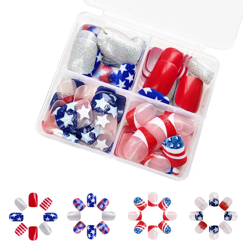 Independence Day press-on nails with American five-pointed star patterns in patriotic colours