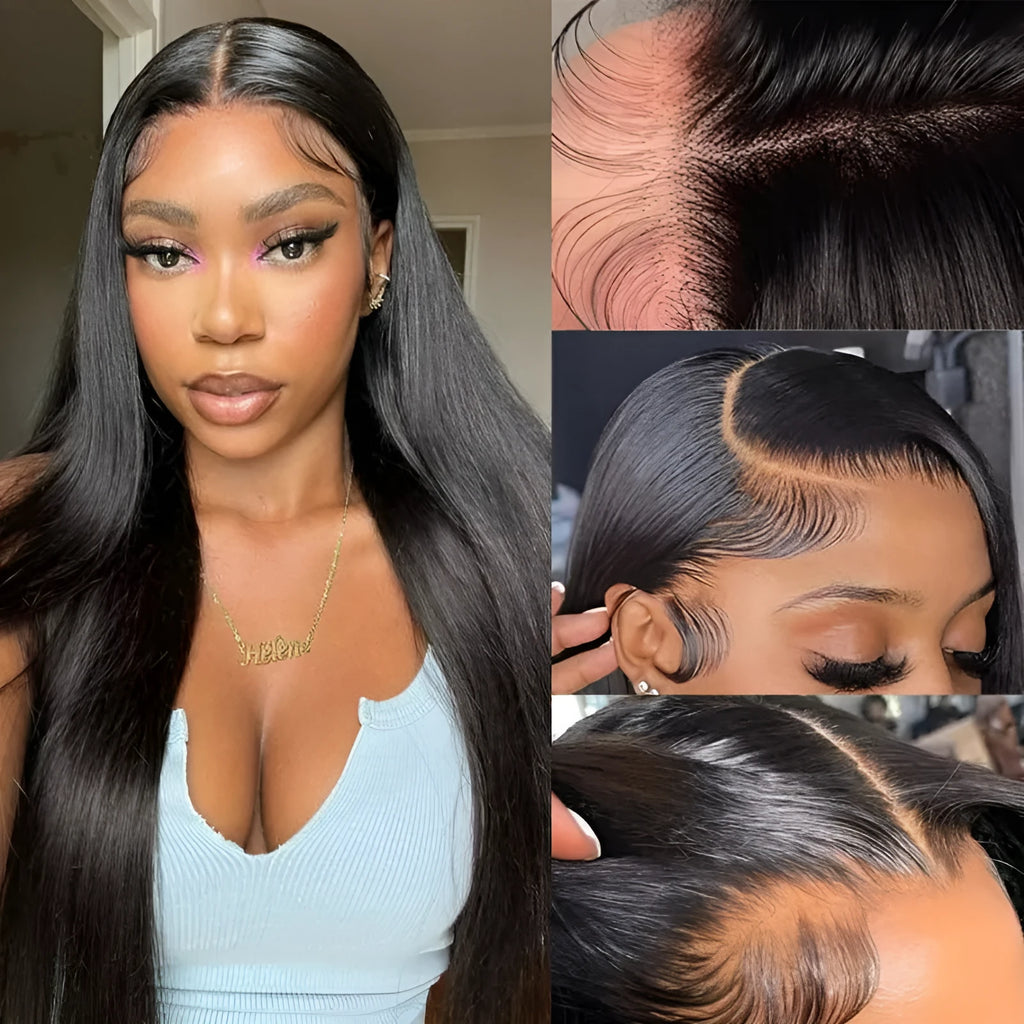 Straight black human hair wig with 13x6 lace front on a mannequin head