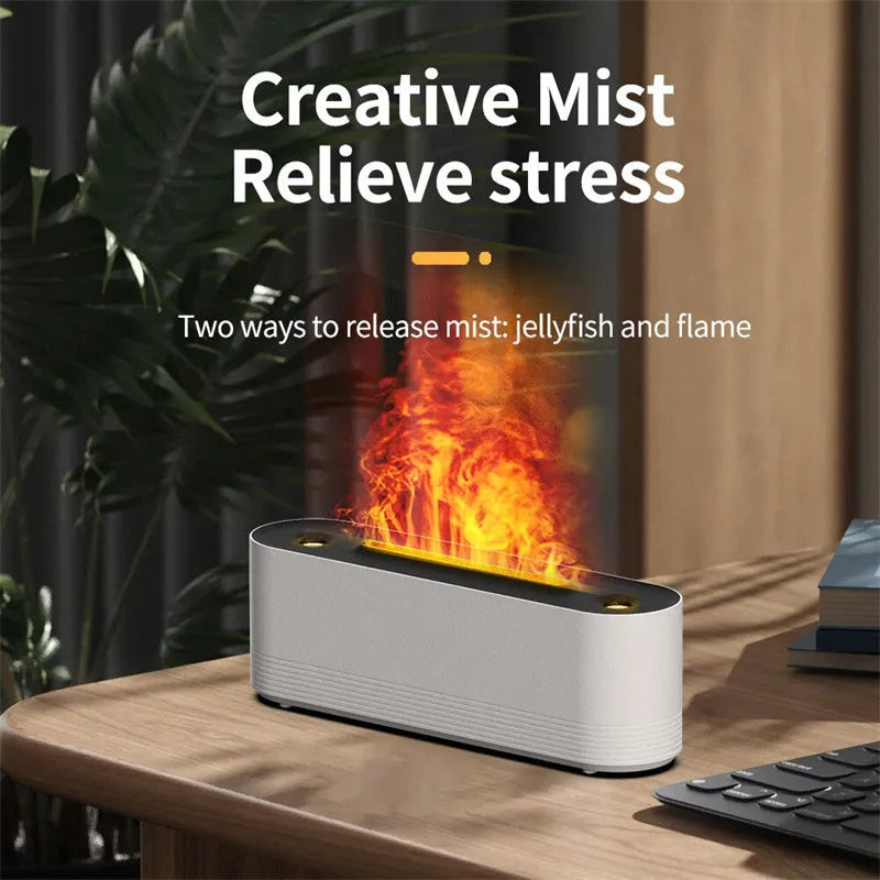 Black ultrasonic humidifier and aroma diffuser with LED flame lights emitting cool mist