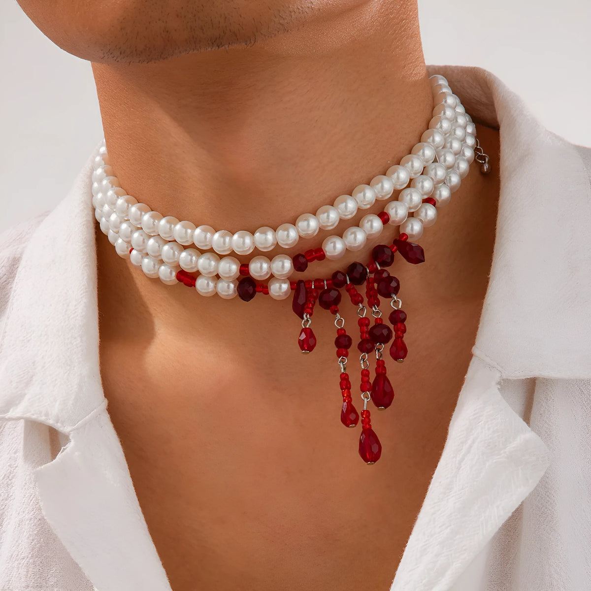 Men's Halloween blood drop crystal pearl necklace with geometric design and adjustable chain