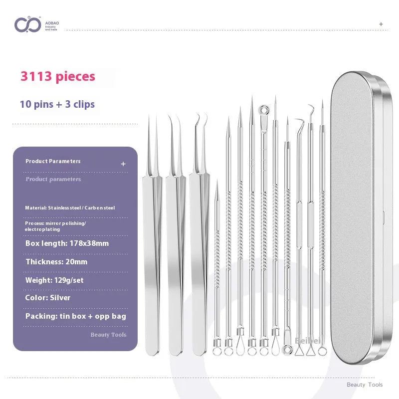 Four silver metal acne needles with ultra-fine pointed tips for blackhead extraction.