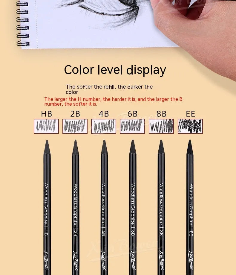 Six graphite sketching pencils with HB, 2B, 4B, 6B, 8B, and EE grades arranged in art set