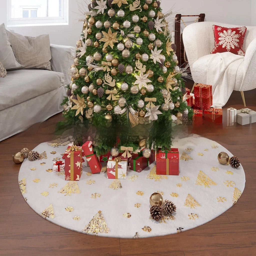 Plush festive mat with snowflake design under a Christmas tree