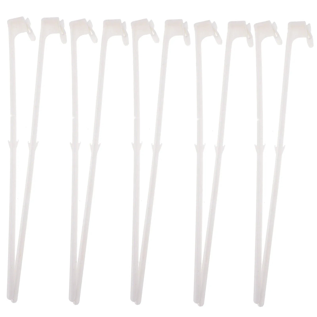 Ten white PP plastic car window flag pole holder clips laid out.