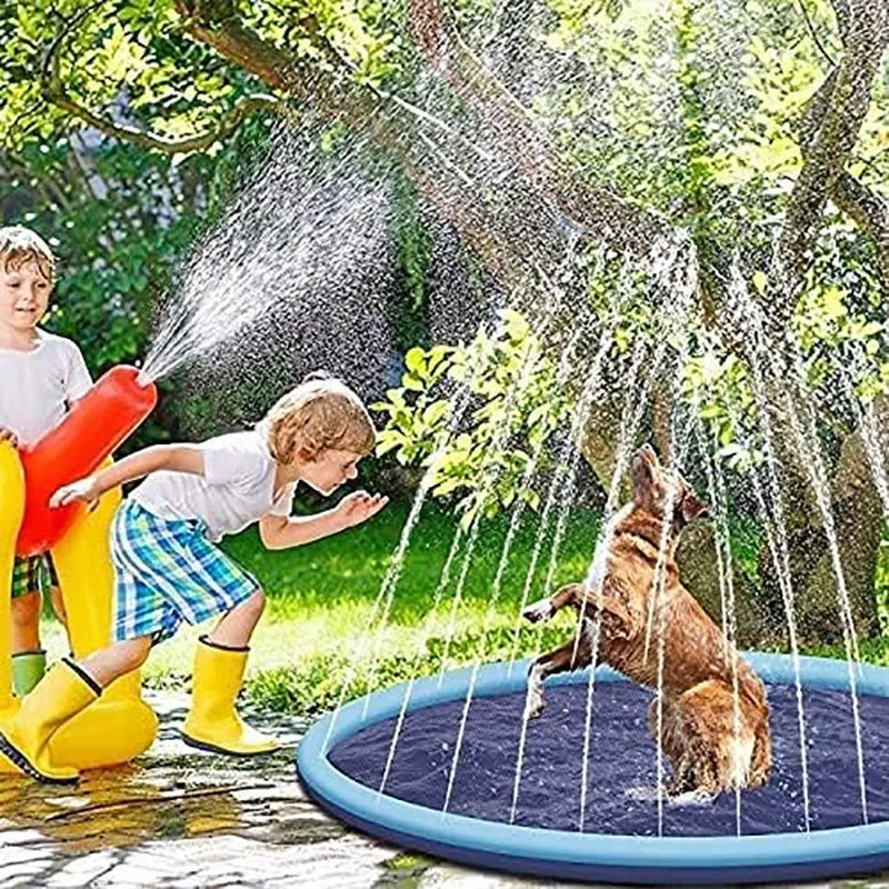 Blue anti-slip dog splash pad pool mat for outdoor water play in three size options.