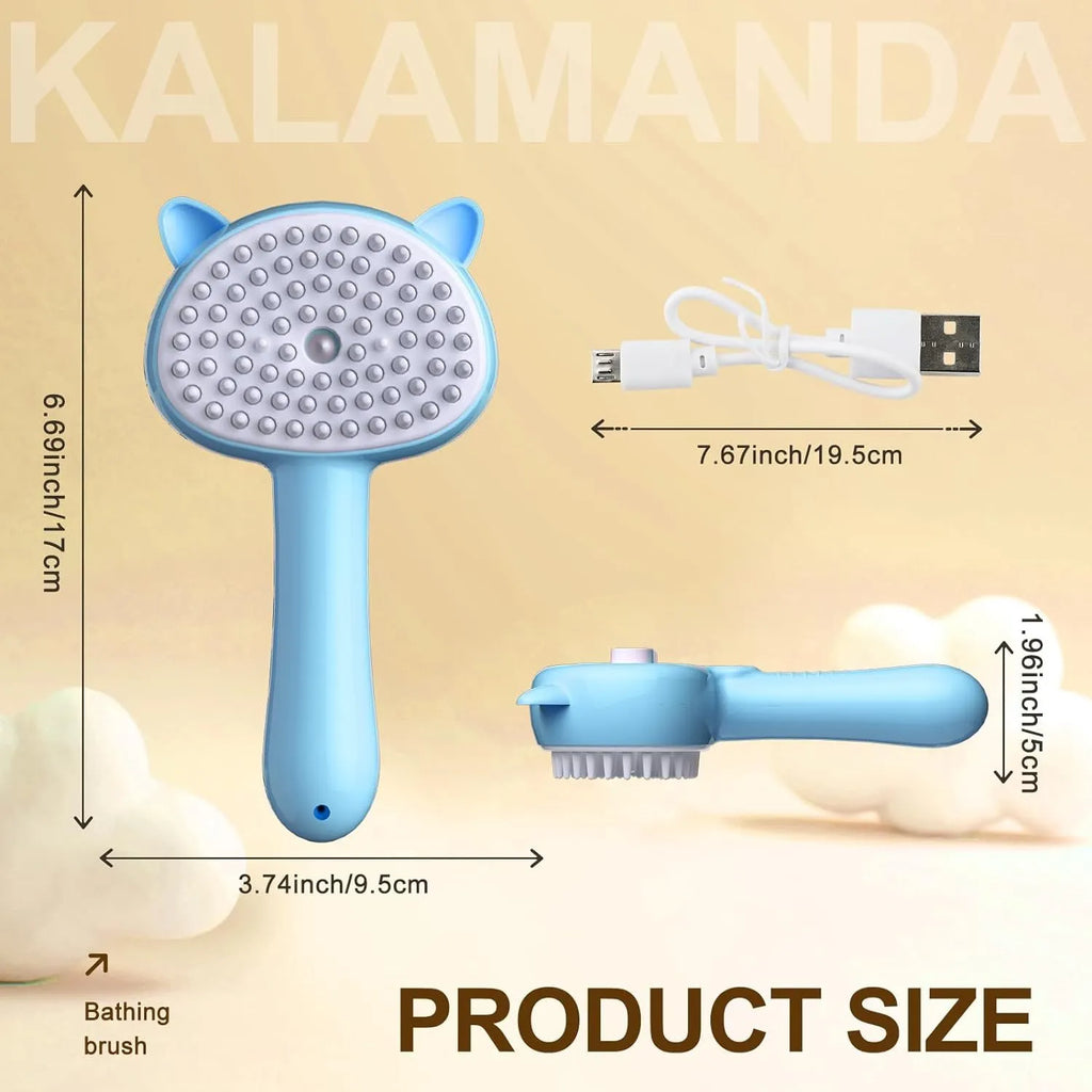 Blue 4-in-1 cat steam brush with soft rubber bristles and a one-click hair release button, shown with ergonomic handle.