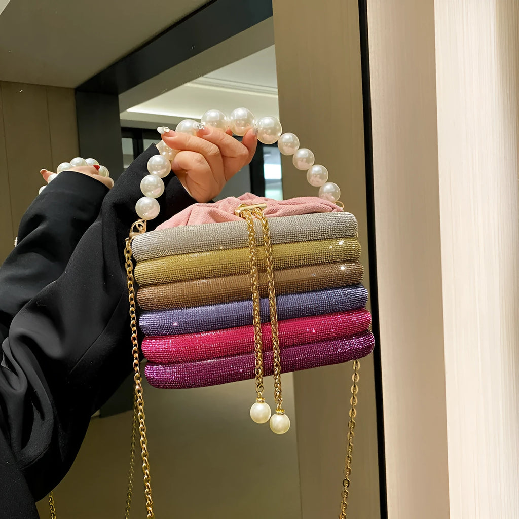 Round retro women's crossbody bag with beaded decoration in soft PU leather