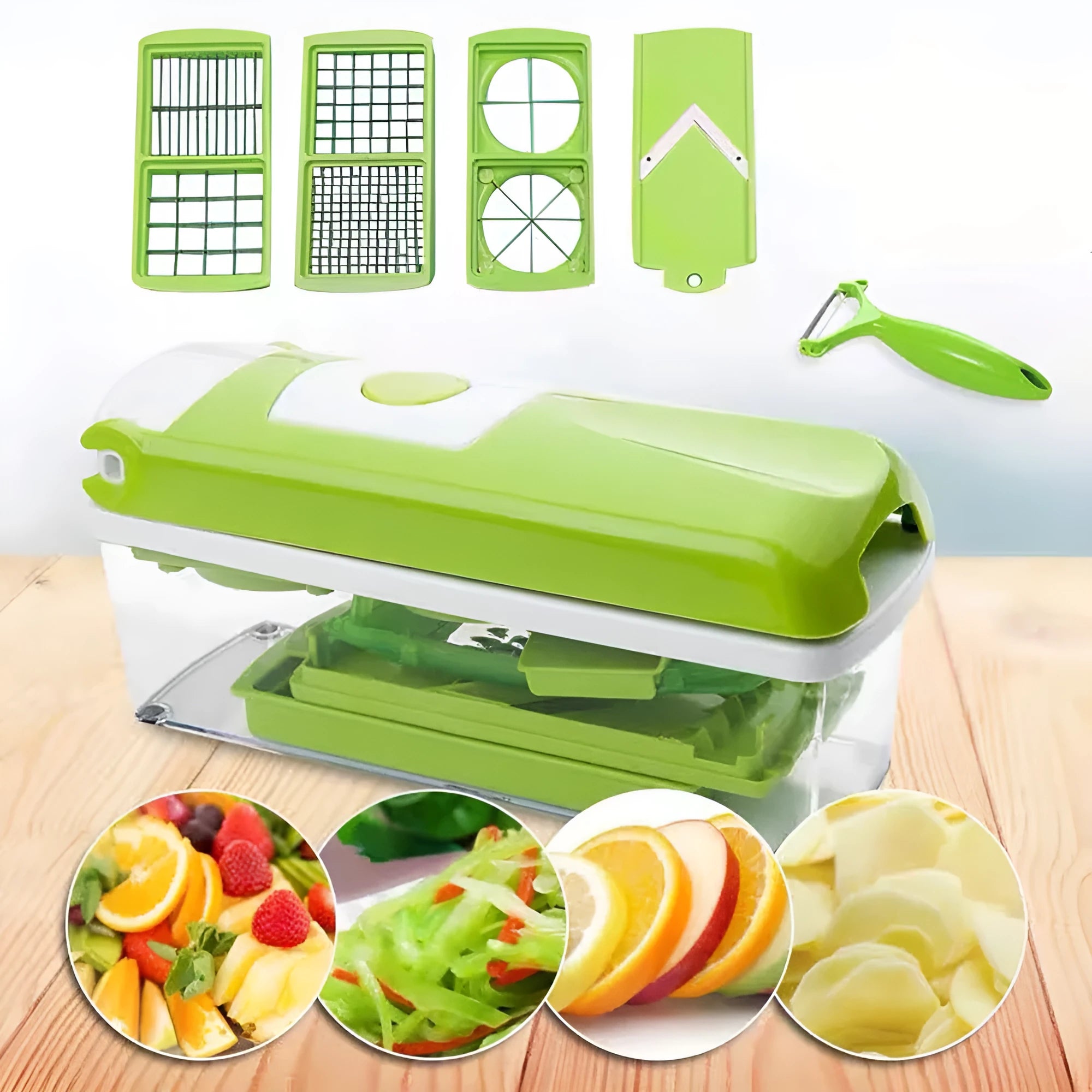 Green manual vegetable chopper with stainless steel blades and multiple cutting accessories on kitchen counter