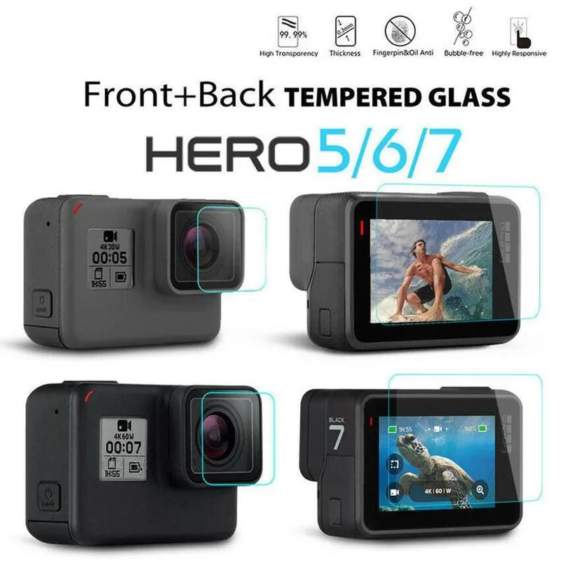 Transparent 9H tempered glass screen and lens protector films for GoPro Hero 5, 6, and 7 cameras.