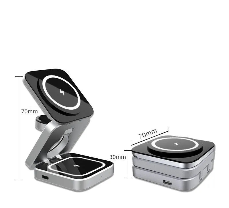 Folding desktop wireless charging bracket holding a phone and a smartwatch at an angle.