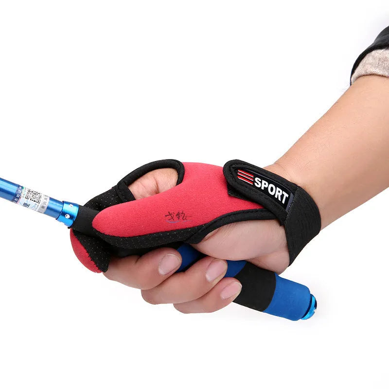 Single two-finger fishing glove showing microfiber palm and diving cloth back, colour options include blue, red, black, camouflage.