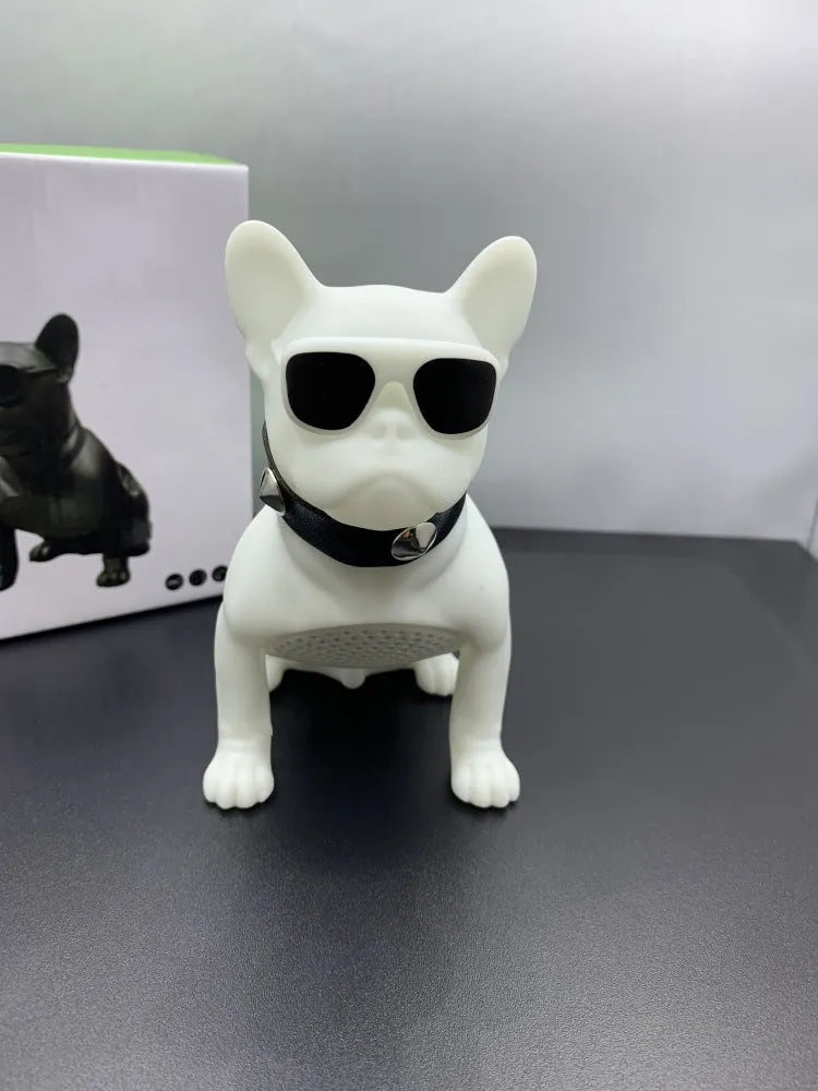 Mini portable Bluetooth speaker shaped like a bulldog in black, red, or white.