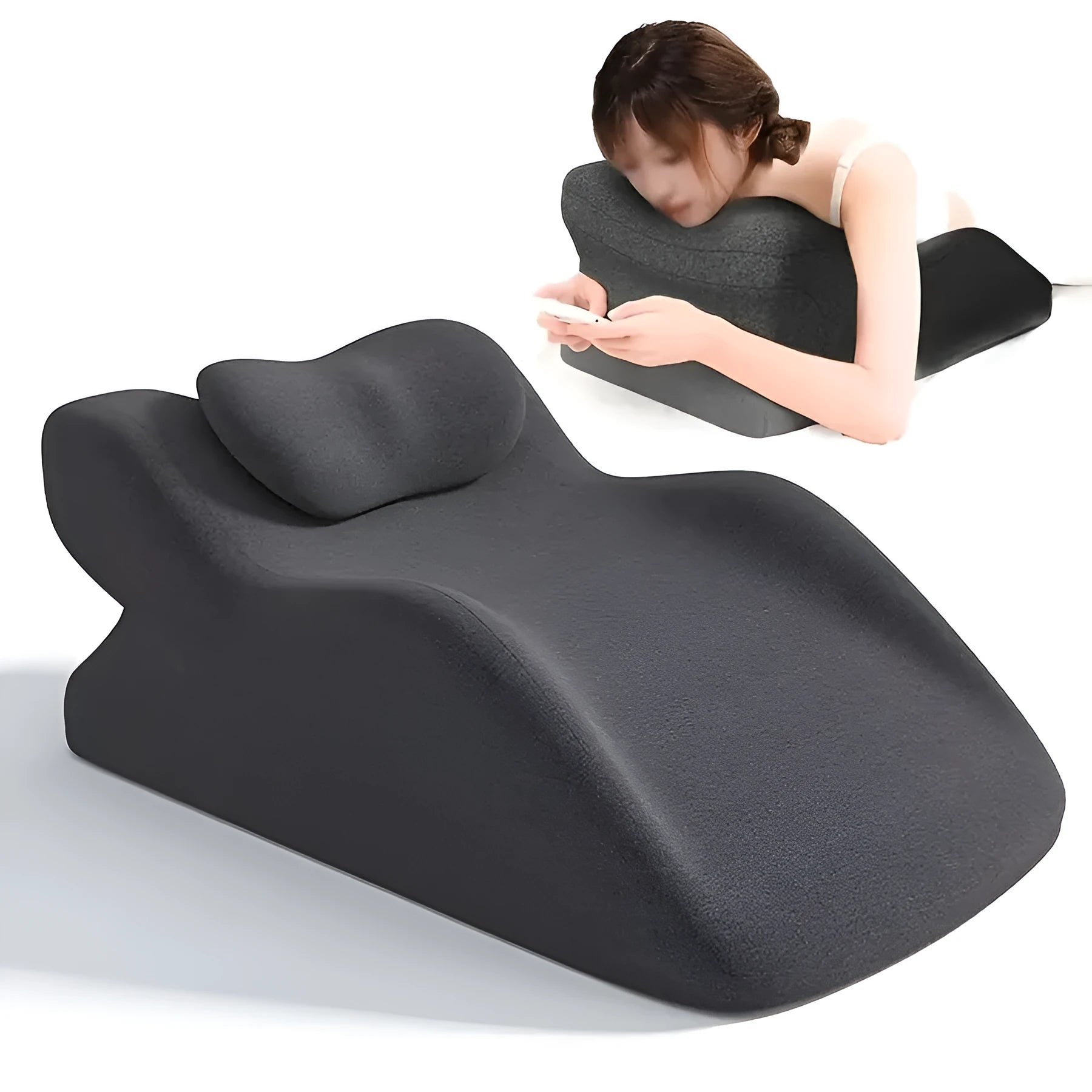 Prone position stomach sleeping pillow in Blue for face-down reading and phone use
